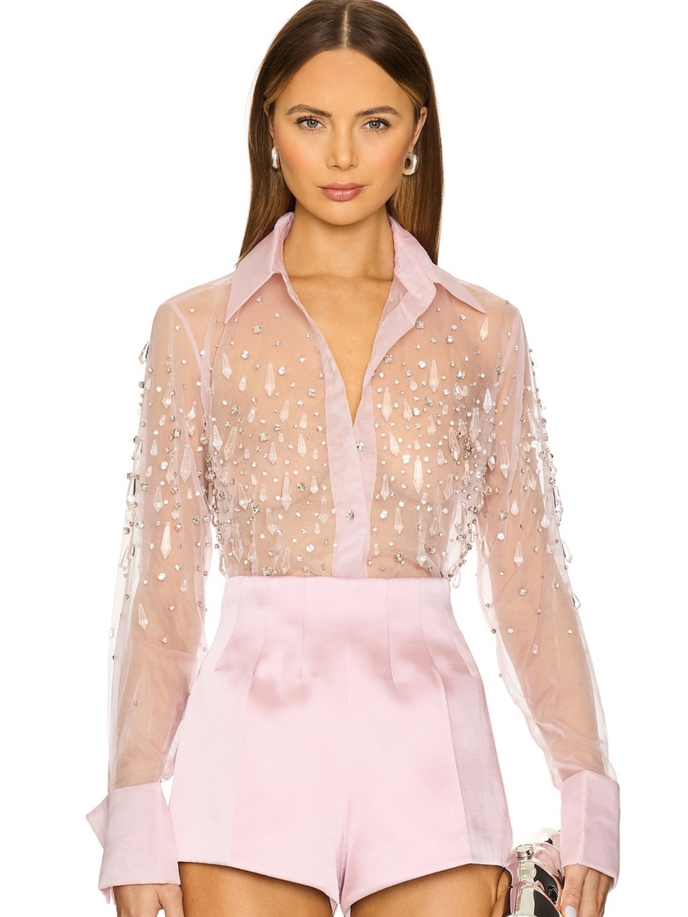 Retrofete Sheer Pink Embellished Button-Down Top